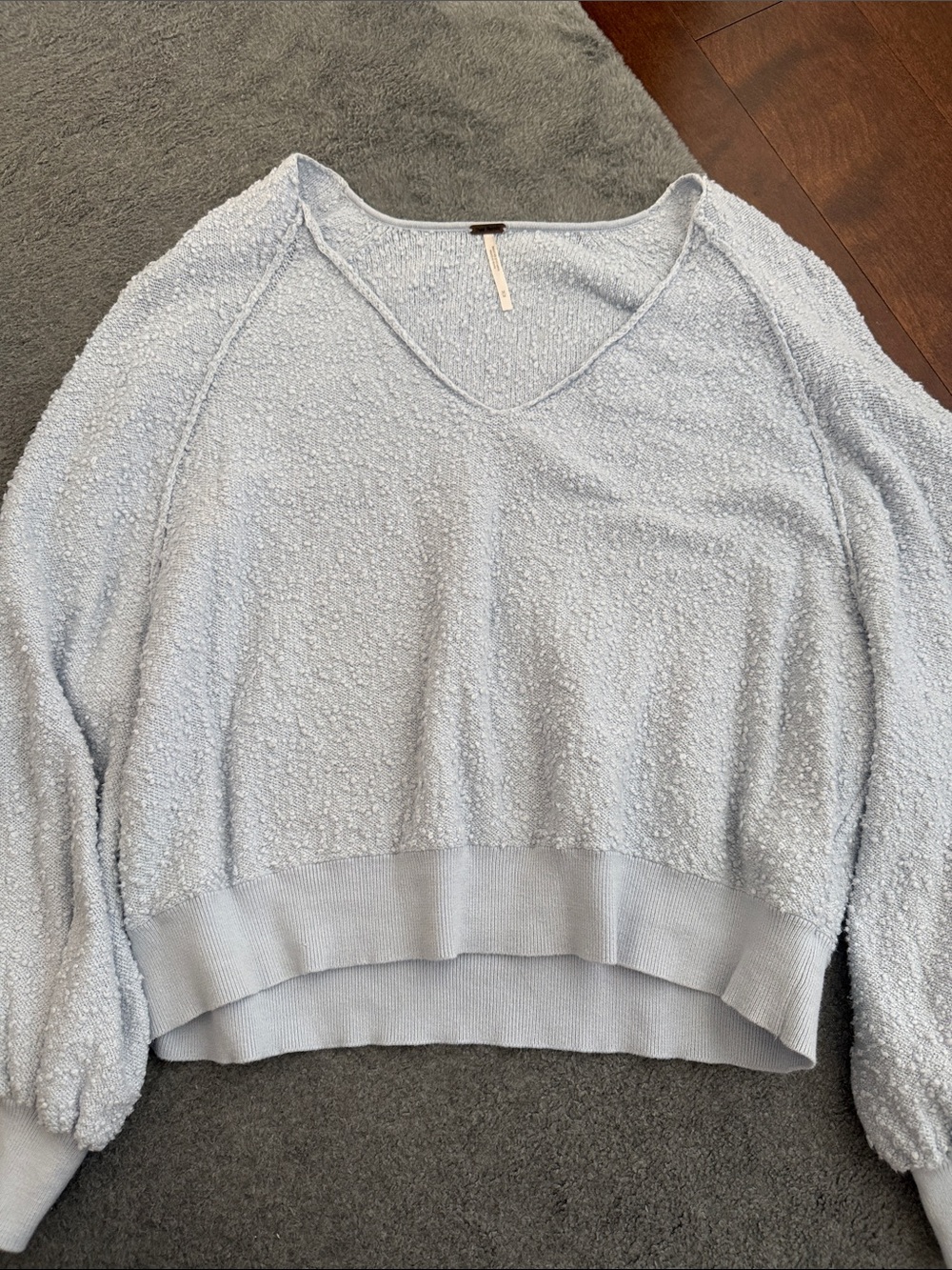 Free People Light Blue V-Neck Popcorn Knit Sweater